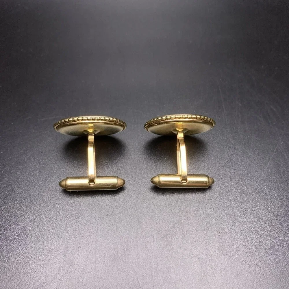 Krementz Cufflinks Gold Tone Asian Style Mountain Scene Painted Oval